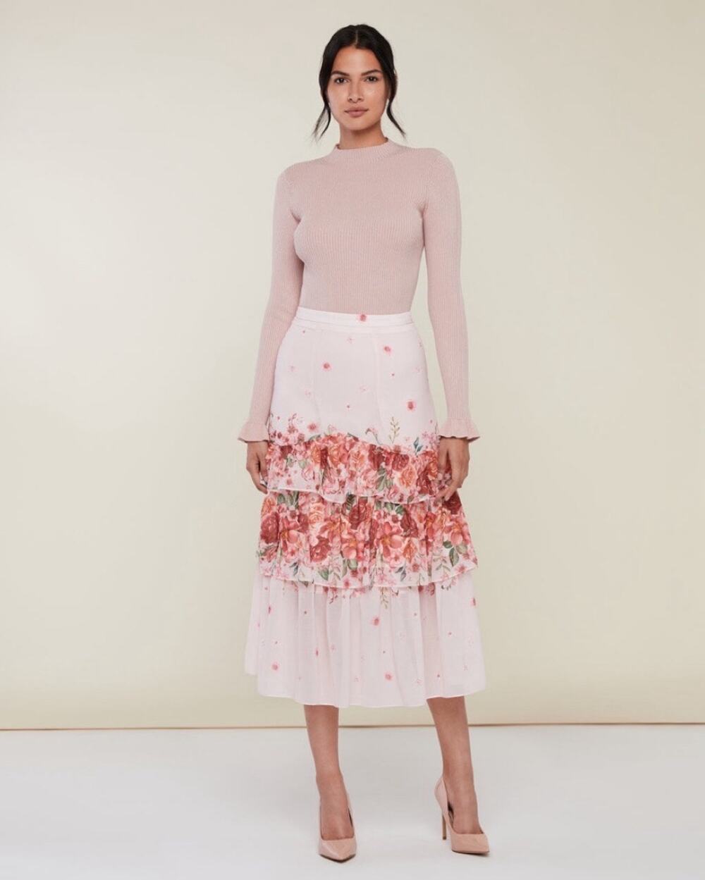 RACHEL PARCELL Pink Floral Tiered Ruffle Midi Skirt Romantic Cottagecore Size 6